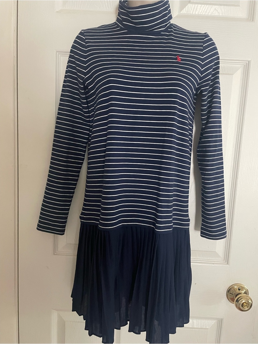 Girls Ralph Lauren Navy Striped Turtleneck Dress with Pleated Skirt